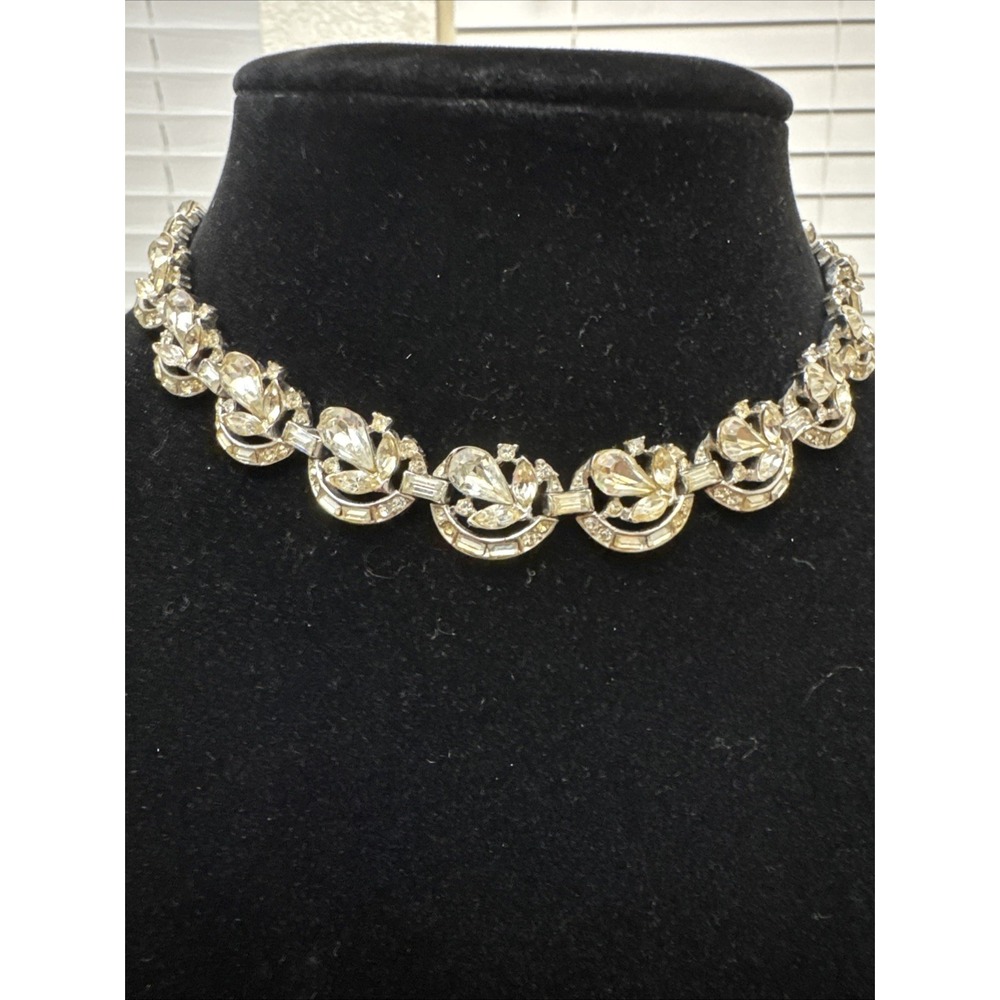 crown trifari alfred philippe 1950's Chocker Necklace Pear Baguette Rhinestones